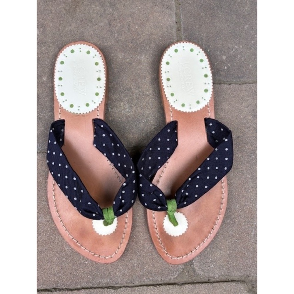 J.Crew Womens Polka Dot Leather Flip Flop Sandals Navy Blue Green Italy Size 6